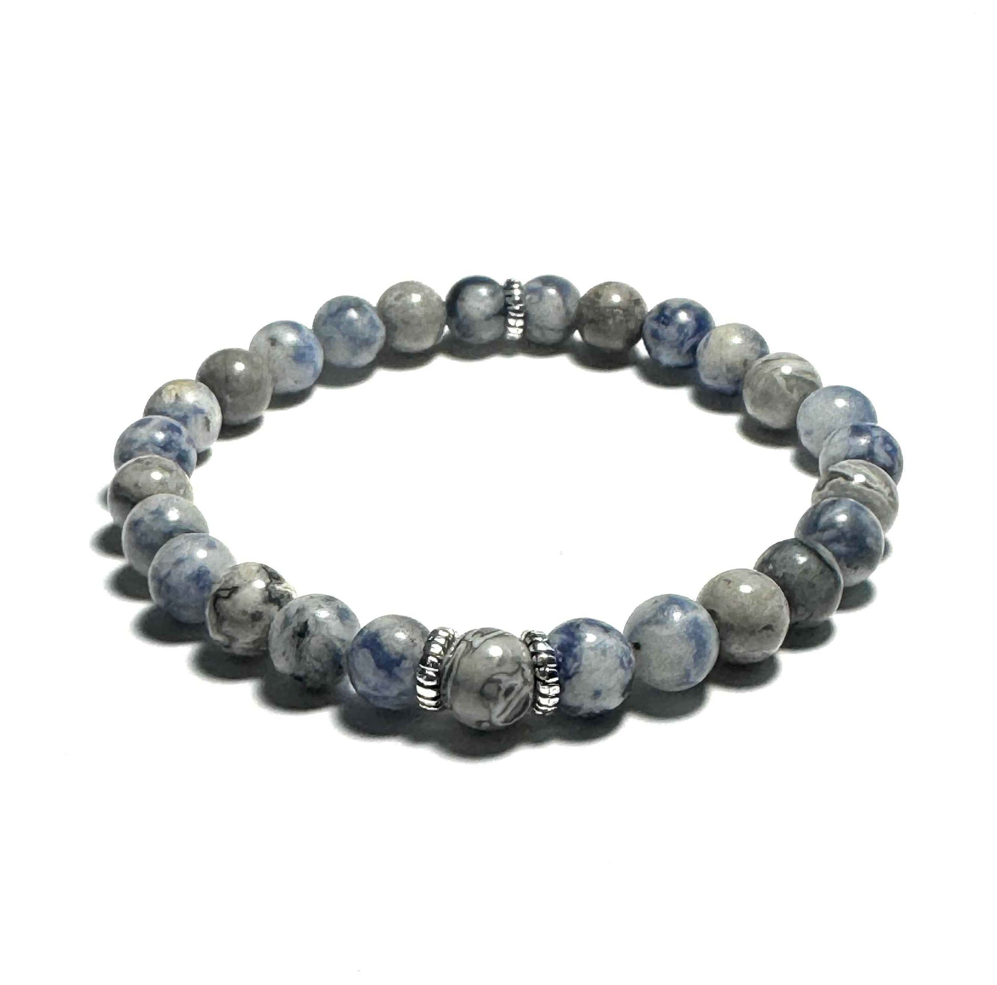 Natural Blue Dot Jasper and Map Jasper Beaded Bracelet, 6mm Gemstones, Silver Alloy Spacers