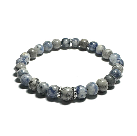 Natural Blue Dot Jasper and Map Jasper Beaded Bracelet, 6mm Gemstones, Silver Alloy Spacers