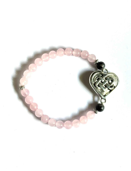Rose Quartz and Larvikite Beaded Bracelet with Celtic Heart Charm, Silver Alloy Stretchy