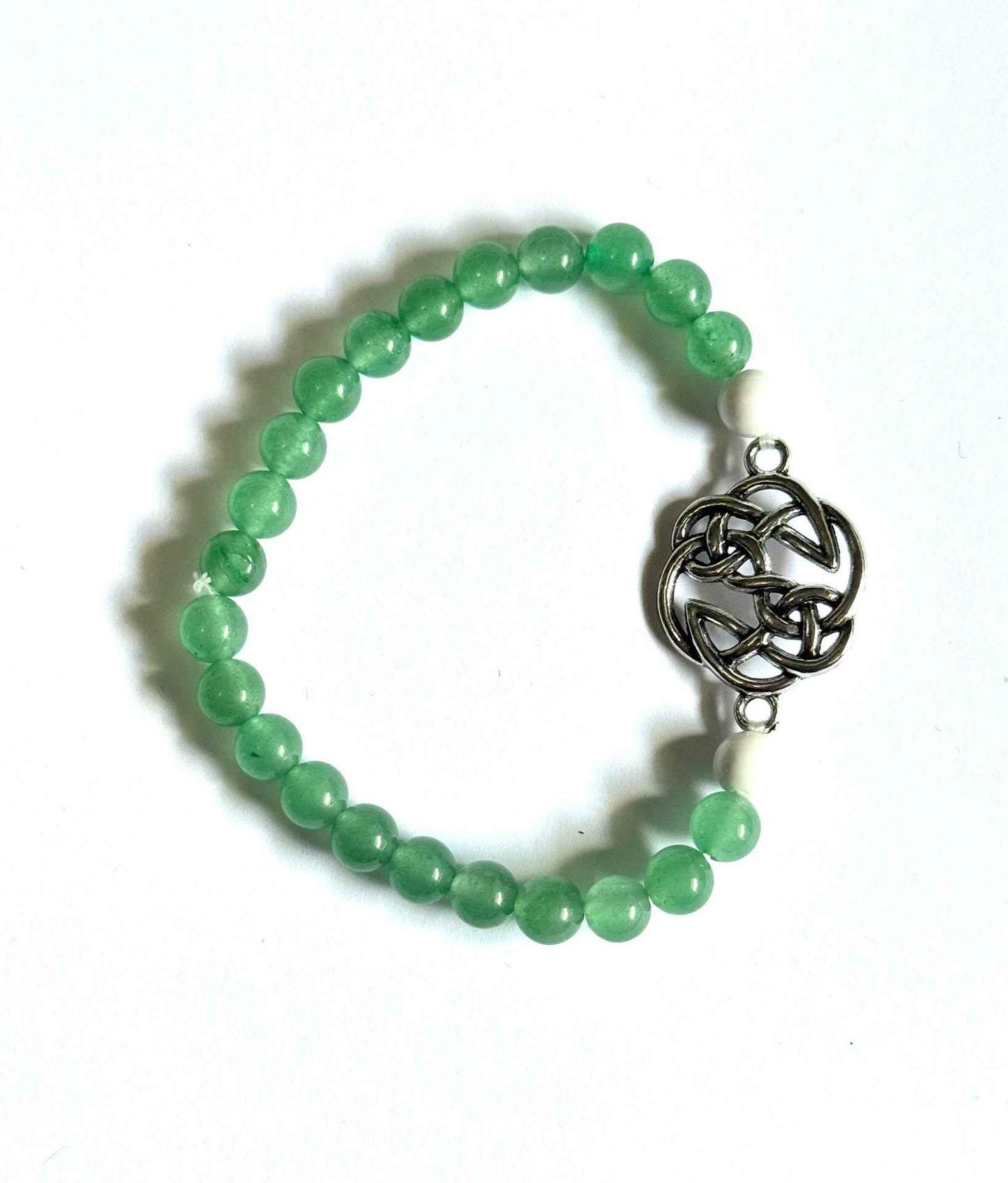 Celtic Knot Bracelet, Green Aventurine and Howlite Beads, Silver Alloy Charm Stretchy