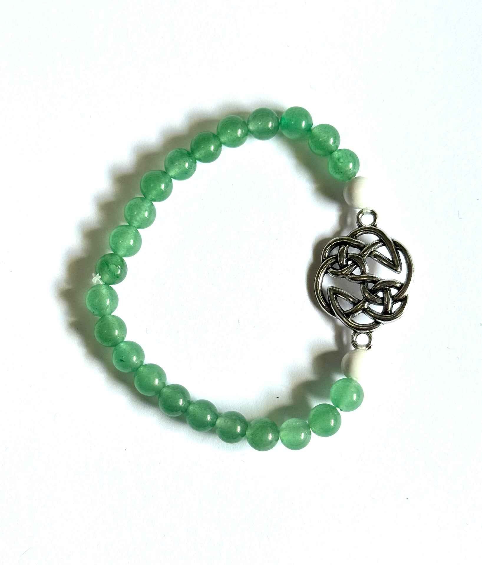 Celtic Knot Bracelet, Green Aventurine and Howlite Beads, Silver Alloy Charm Stretchy