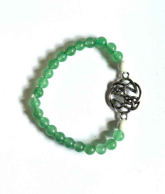 Celtic Knot Bracelet, Green Aventurine and Howlite Beads, Silver Alloy Charm Stretchy