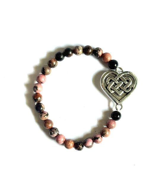 Rhodonite and Obsidian Beaded Bracelet, Celtic Heart Knot Charm, Natural Stone Stretch Jewelry