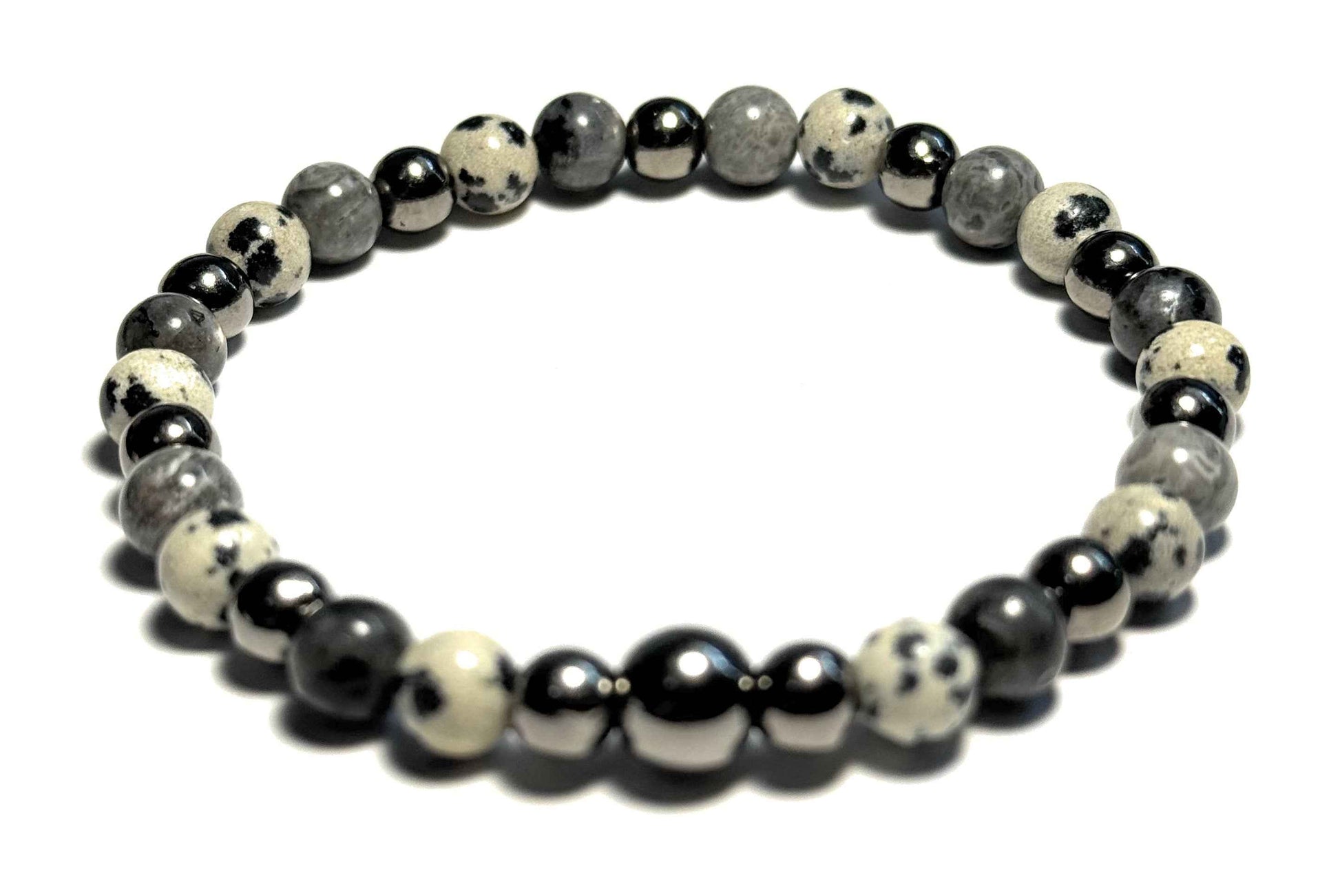 Natural Stone Beaded Bracelet, 6mm Dalmatian Jade, Larvikite, Map Jasper with Metallic Spacers