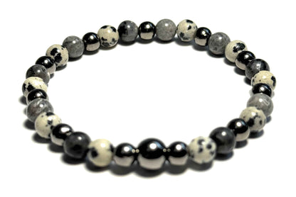 Natural Stone Beaded Bracelet, 6mm Dalmatian Jade, Larvikite, Map Jasper with Metallic Spacers