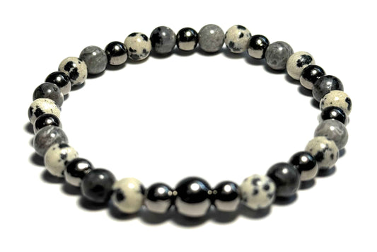 Natural Stone Beaded Bracelet, 6mm Dalmatian Jade, Larvikite, Map Jasper with Metallic Spacers