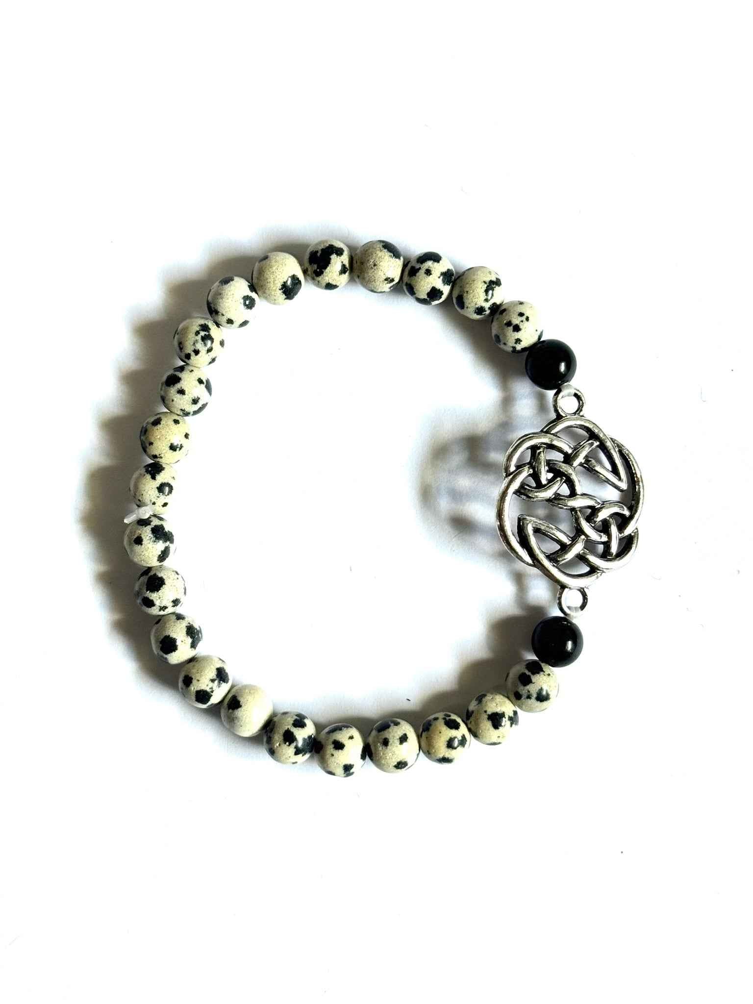 Dalmatian Jasper and Black Obsidian Beaded Bracelet with Celtic Knot Charm, Stretch Style