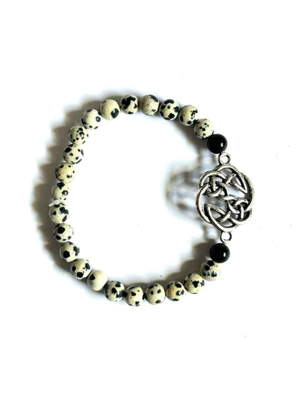 Dalmatian Jasper and Black Obsidian Beaded Bracelet with Celtic Knot Charm, Stretch Style