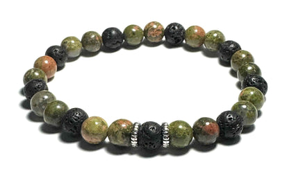Natural Unakite and Lava Stone Beaded Bracelet, 6mm, Silver Alloy Spacers