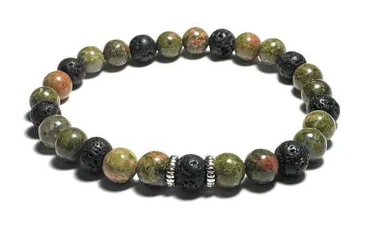 Natural Unakite and Lava Stone Beaded Bracelet, 6mm, Silver Alloy Spacers