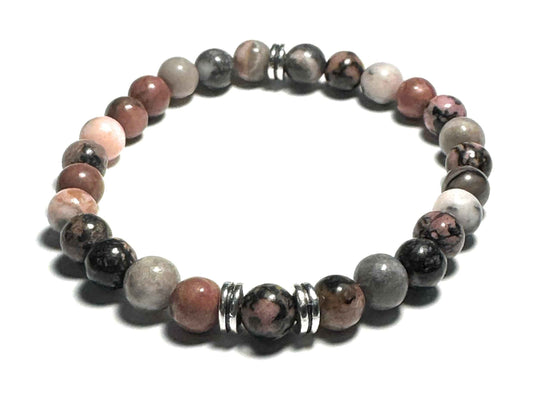 Natural Rhodonite and Pink Zebra Jasper Beaded Bracelet, 6mm Gemstone Beads with Silver Spacers