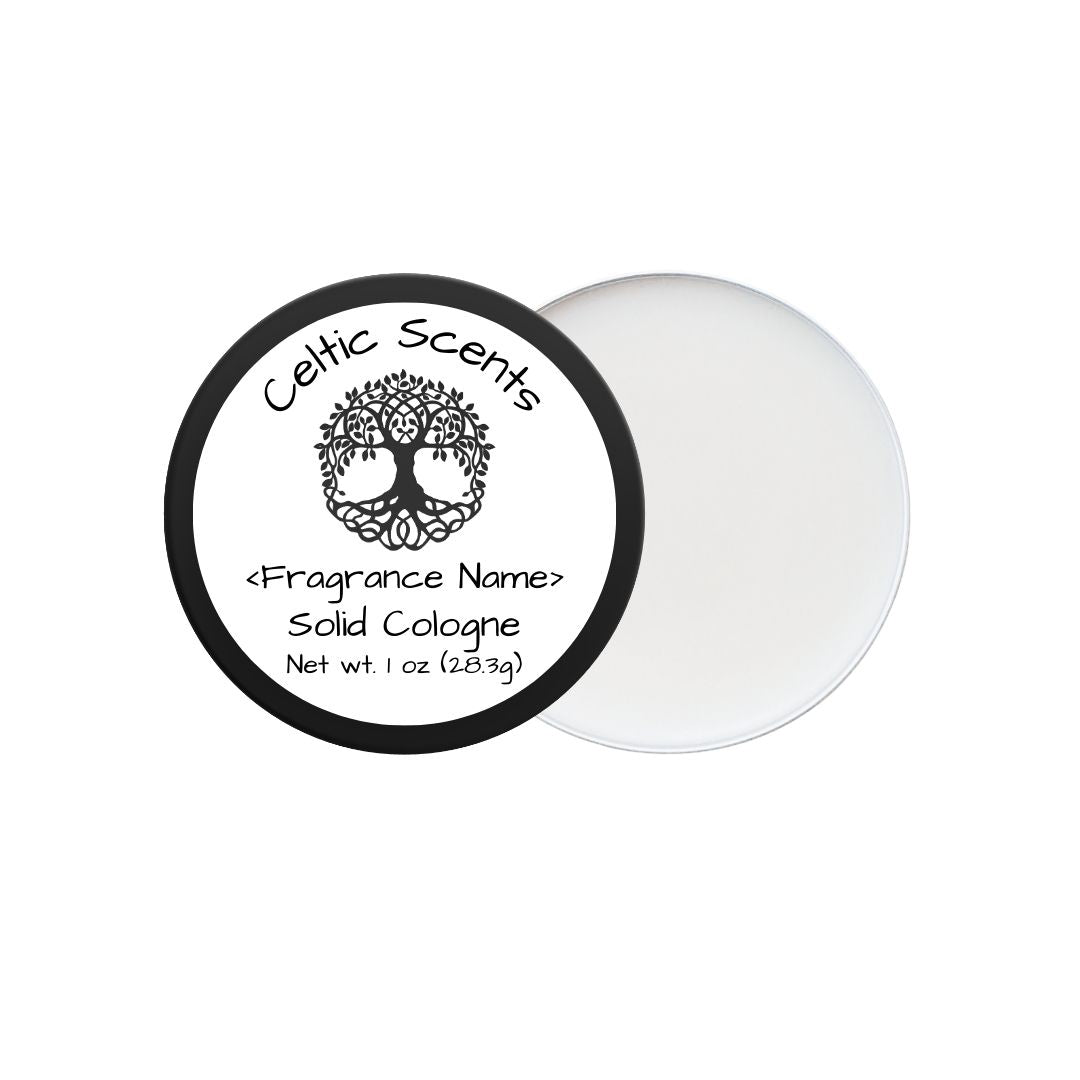 Celtic Scents natural solid cologne in a sleek round tin with a white balm inside