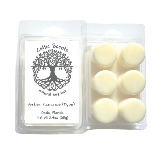 Celtic Scents Amber Romance natural soy wax melts in a clear clamshell package with six wax pieces