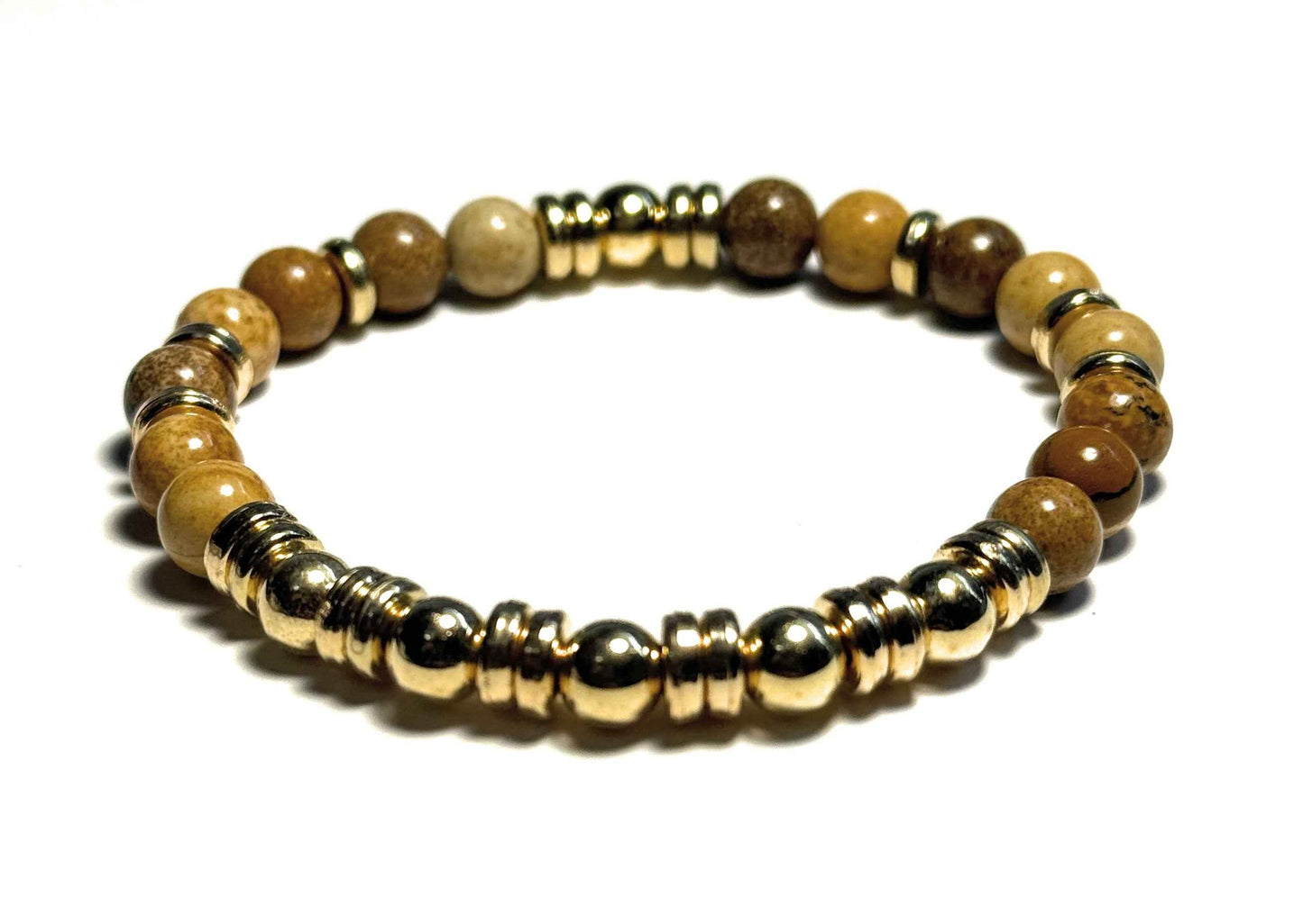 Picture Jasper Beaded Bracelet, 6mm Gemstones, Gold Metallic Accents