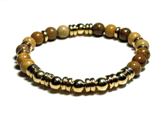 Picture Jasper Beaded Bracelet, 6mm Gemstones, Gold Metallic Accents