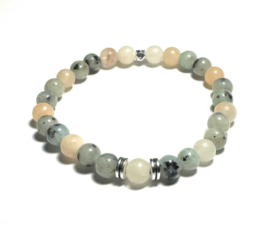 Natural Stone Bracelet, 6mm Sesame Jasper and Pink Aventurine Beads, Silver Alloy Spacers