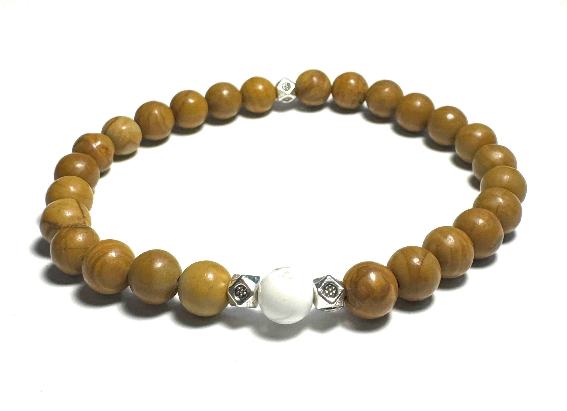 Natural Wooden Jasper and Howlite Beaded Bracelet, 6mm Gemstones, Silver Alloy Spacers