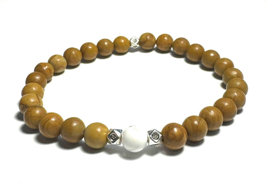 Natural Wooden Jasper and Howlite Beaded Bracelet, 6mm Gemstones, Silver Alloy Spacers
