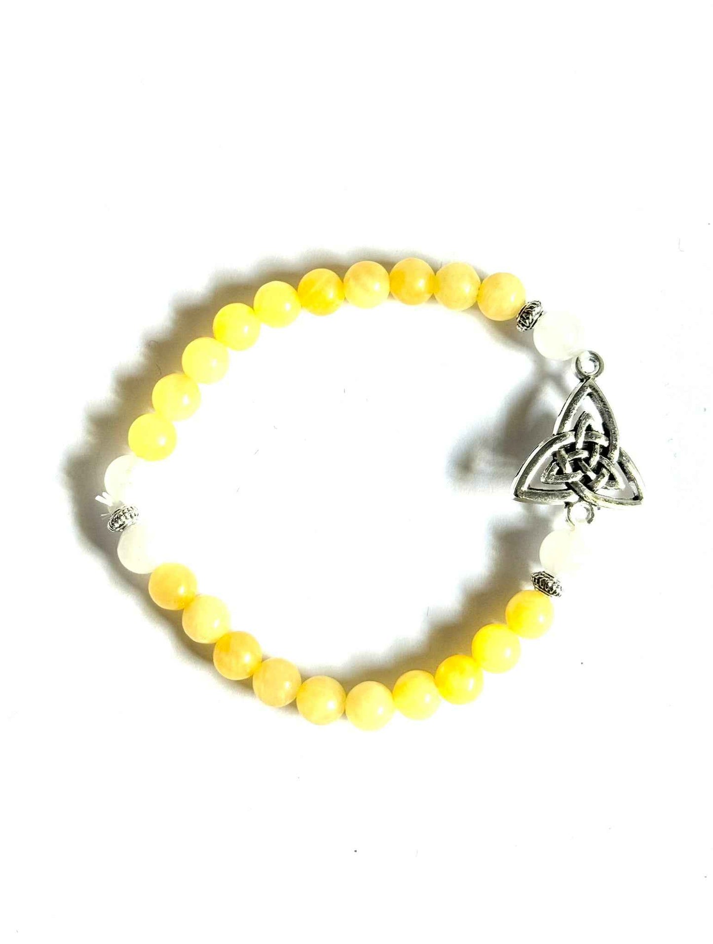 Celtic Trinity Charm Bracelet, Yellow and White Jade, Stretchy