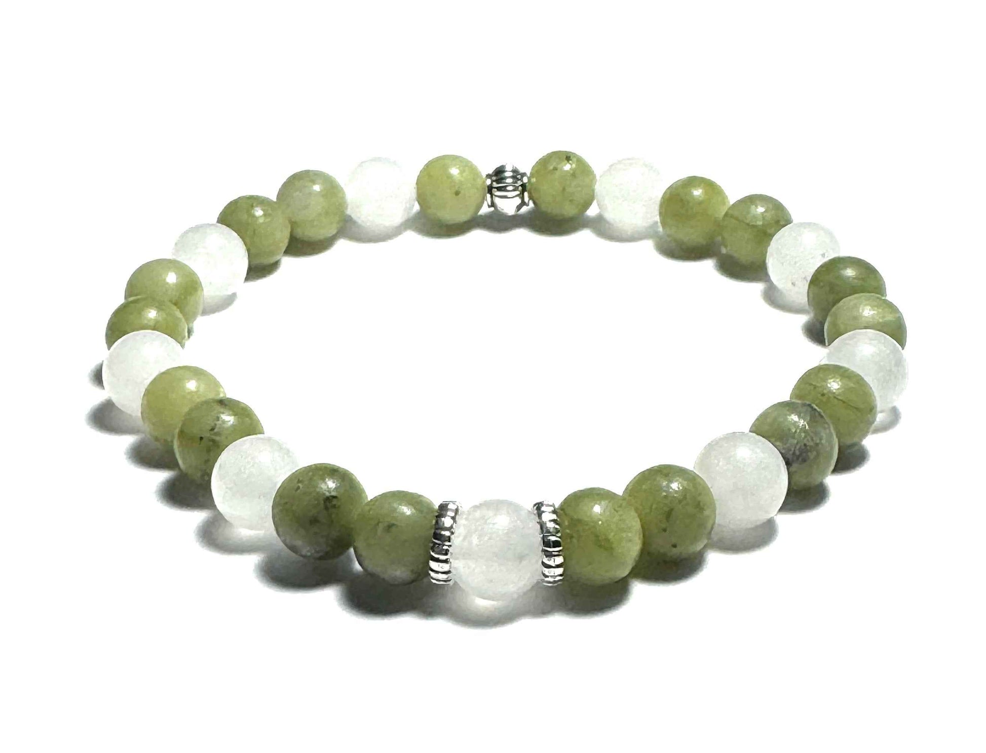 Natural Gemstone Beaded Bracelet, China Jade and White Jade, Silver Alloy Spacers