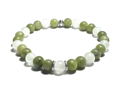 Natural Gemstone Beaded Bracelet, China Jade and White Jade, Silver Alloy Spacers