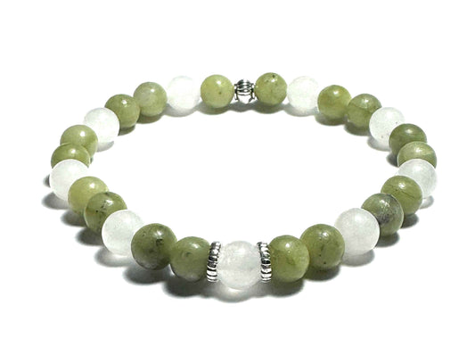 Natural Gemstone Beaded Bracelet, China Jade and White Jade, Silver Alloy Spacers