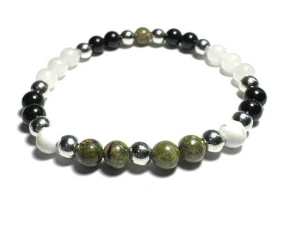 Gemstone Bracelet, 6mm Unakite, Obsidian, White Jade, Howlite with Silver Metallic Spacers