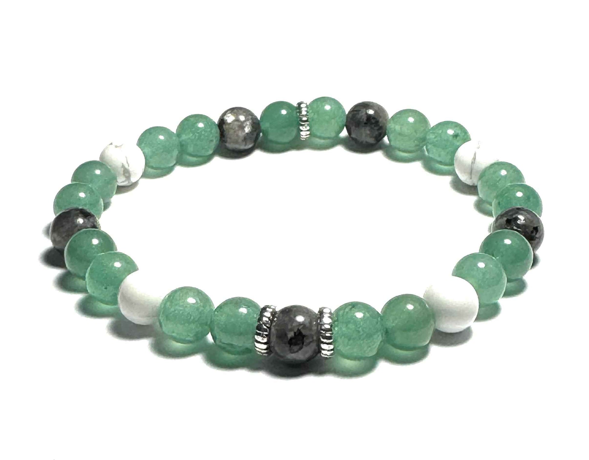 Natural Stone Bracelet, 6mm Green Aventurine, Howlite and Larvikite Beads, Silver Alloy Spacers