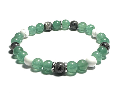 Natural Stone Bracelet, 6mm Green Aventurine, Howlite and Larvikite Beads, Silver Alloy Spacers