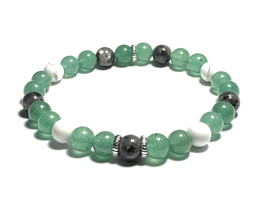 Natural Stone Bracelet, 6mm Green Aventurine, Howlite and Larvikite Beads, Silver Alloy Spacers