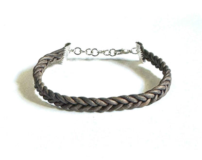 Braided Leather Bracelet, Dark Brown, Adjustable Chain Clasp