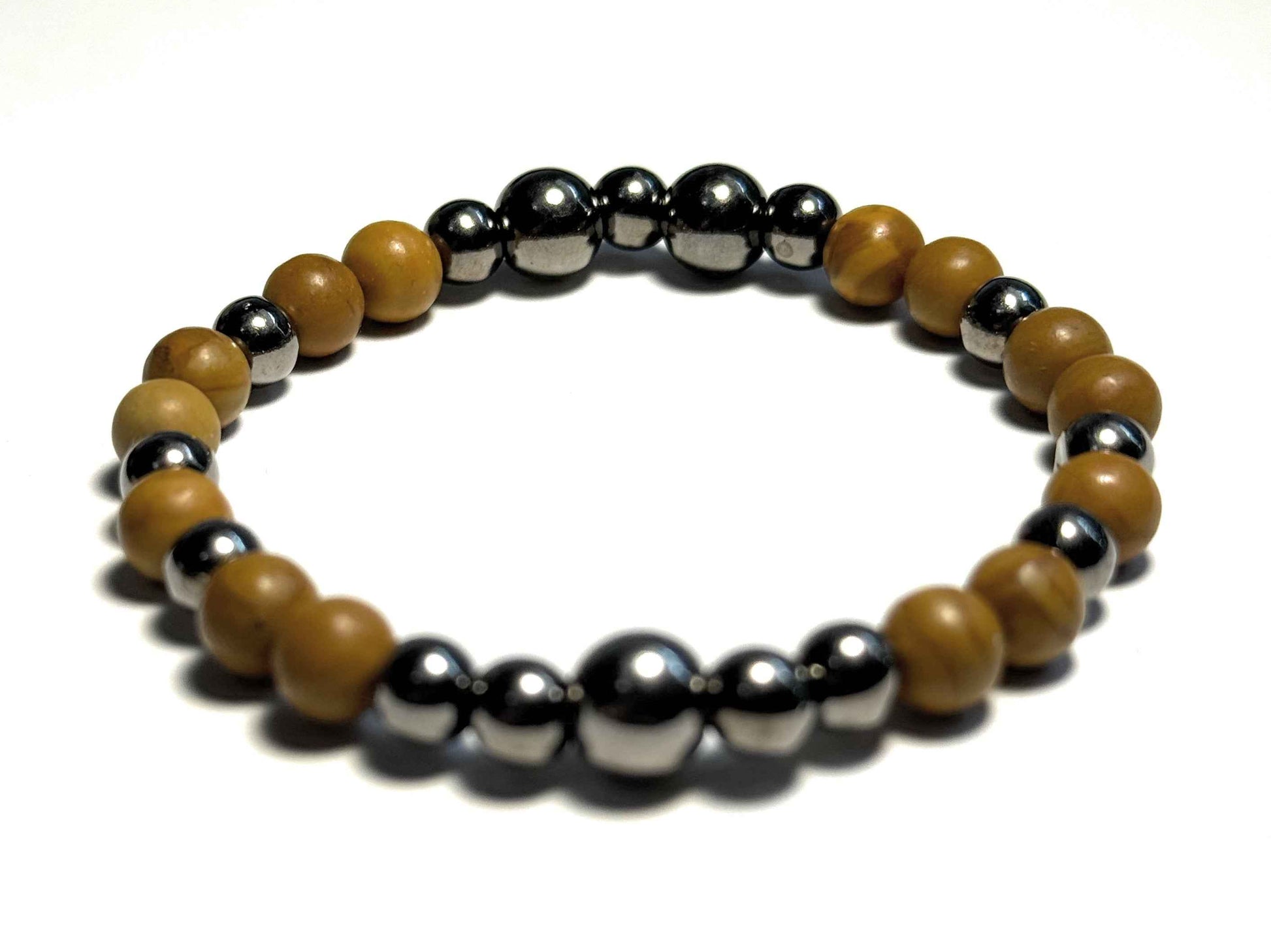 Wooden Jasper Beaded Bracelet, 6mm Natural Gemstones, Metallic Spacer Beads