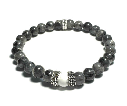 Larvikite and Howlite Beaded Bracelet, 6mm Gemstones, Silver Alloy Spacers