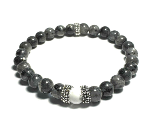 Larvikite and Howlite Beaded Bracelet, 6mm Gemstones, Silver Alloy Spacers