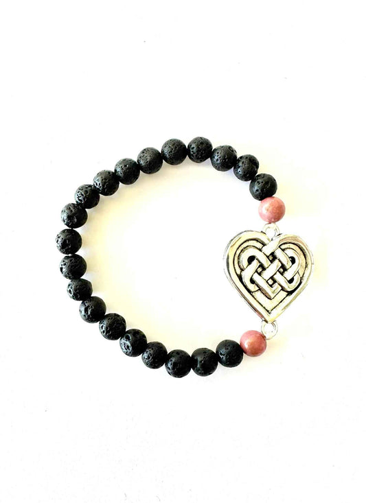 Bracelet Lava Stone and Rhodonite Beads with Love Celtic Knot, Stretchy
