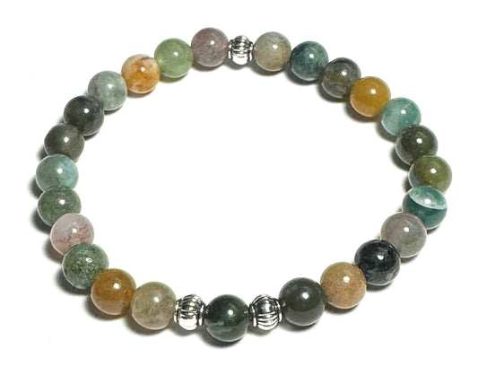 Natural India Agate Beaded Bracelet with Silver Alloy Spacers, Multi-Color Gemstone