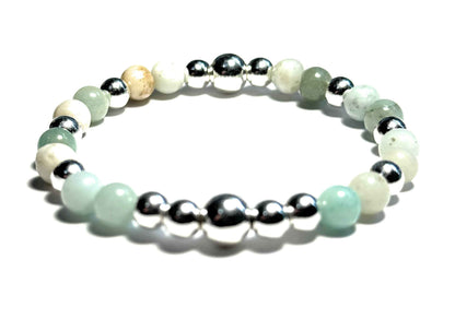 Natural Amazonite Beaded Bracelet, 6mm Gemstones, Silver Metallic Beads, White and Mint Green