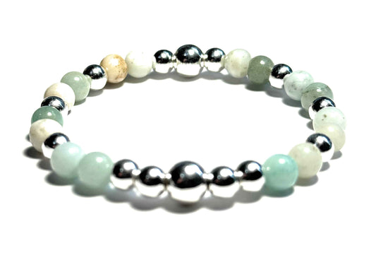 Natural Amazonite Beaded Bracelet, 6mm Gemstones, Silver Metallic Beads, White and Mint Green