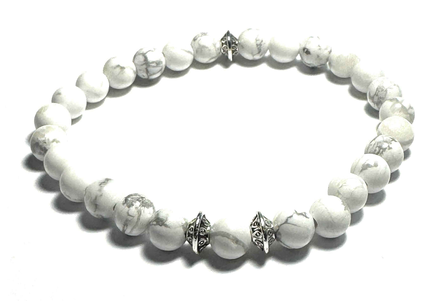 Natural White Howlite Beaded Bracelet, 6mm Stones, Silver Alloy Spacers