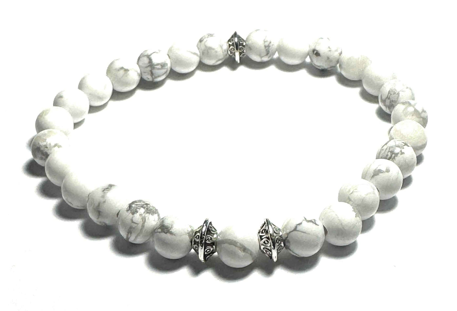 Natural White Howlite Beaded Bracelet, 6mm Stones, Silver Alloy Spacers
