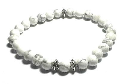 Natural White Howlite Beaded Bracelet, 6mm Stones, Silver Alloy Spacers