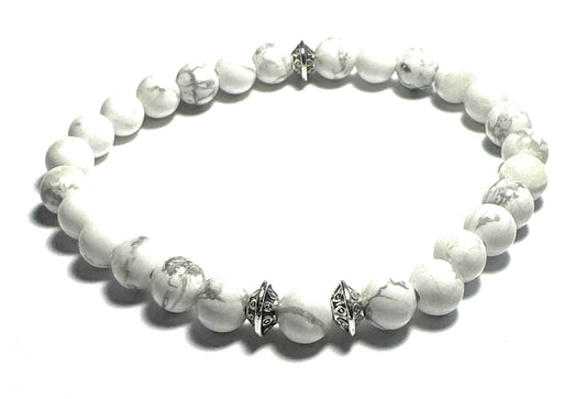 Natural White Howlite Beaded Bracelet, 6mm Stones, Silver Alloy Spacers