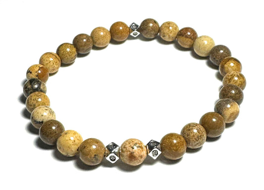 Natural Picture Jasper Beaded Bracelet with Silver Alloy Accents, Women's Stretch Jewelry