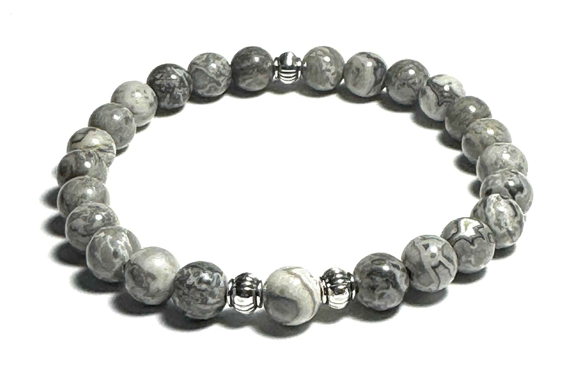Natural Map Jasper Beaded Bracelet with Silver Alloy Accents, Gray and White