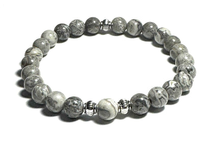 Natural Map Jasper Beaded Bracelet with Silver Alloy Accents, Gray and White