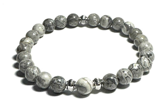 Natural Map Jasper Beaded Bracelet with Silver Alloy Accents, Gray and White