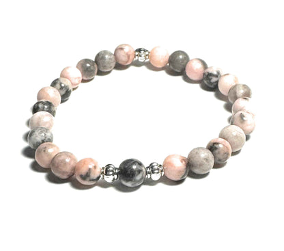 Natural Pink Zebra Jasper Gemstone Bracelet with Silver Alloy Beads