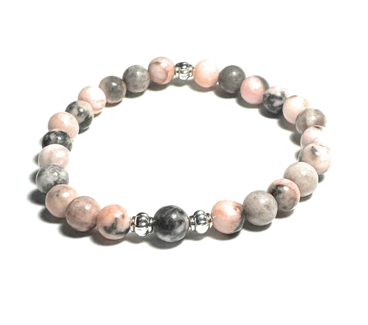 Natural Pink Zebra Jasper Gemstone Bracelet with Silver Alloy Beads