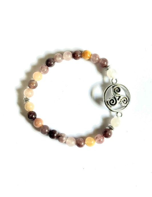 Violet Gemstone Bracelet with Celtic Triskele Charm, Natural Stone Beads, Silver Alloy Stretchy