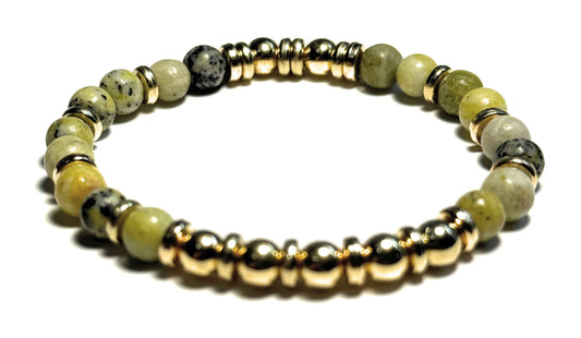 Natural Yellow Turquoise Beaded Bracelet, 6mm Gemstones, Gold Metallic Accents